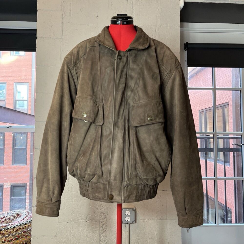 Vintage Structure Mens Brown Leather Bomber Jacket Large 90s Nubuck